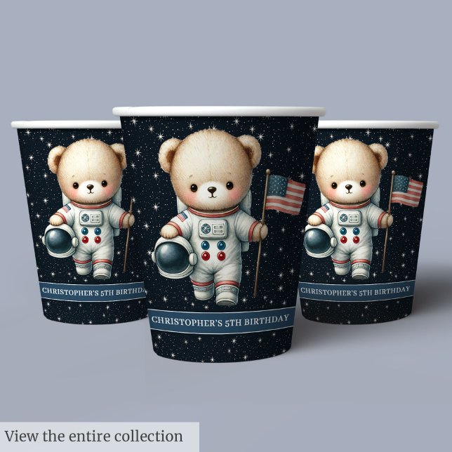 Gobelets En Papier Teddy Bear Astronaut Garçon Anniversaire Coupes pa (Teddy Bear Astronaut Boy Birthday Party Paper Cups)
