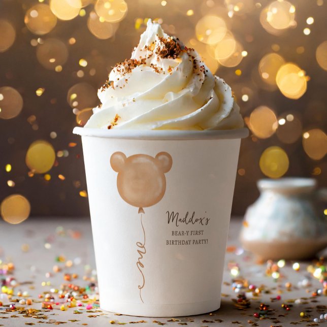 Gobelets En Papier Teddy Bear Balloon Beary Première fête d'anniversa (Créateur téléchargé)