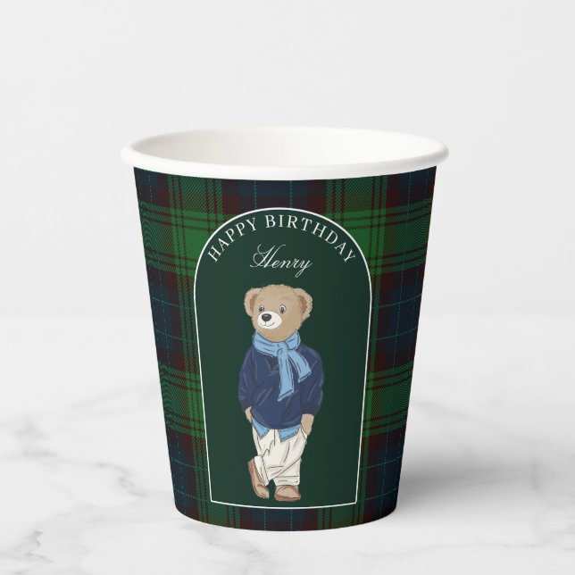 Gobelets En Papier Teddy bear classic plaid birthday party custom (Recto)
