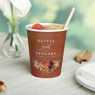 Gobelets En Papier Terracotta Floral Boho Mariage de automne moderne