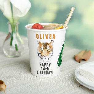 Gobelets En Papier Tête de Tigre Aquarelle Nom Fête d'Anniversaire