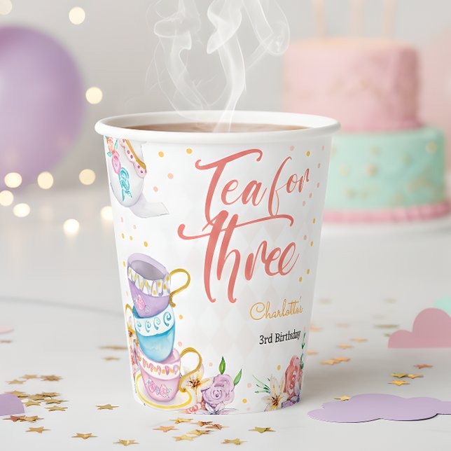 Gobelets En Papier Thé pour trois, troisième anniversaire de thé (Créateur téléchargé)