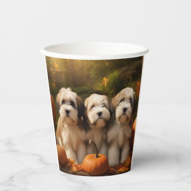 Gobelets En Papier Tibétain Terrier Chiot Automne Citrouille délice (Recto)
