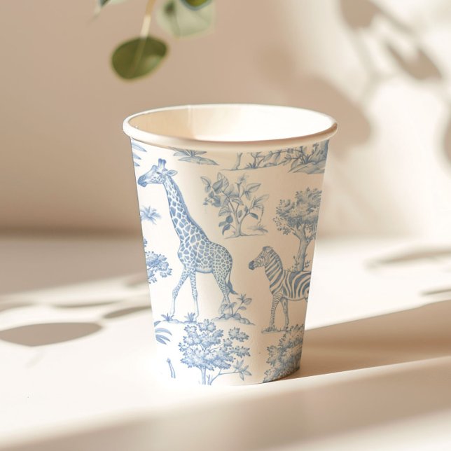 Gobelets En Papier Toile de Jouy Safari animaux Baby shower bleu (Créateur téléchargé)
