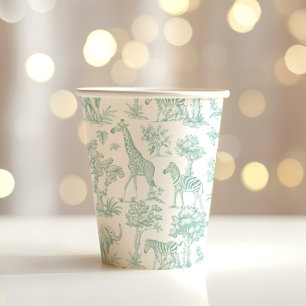Gobelets En Papier Toile de Jouy Safari animaux Baby shower vert