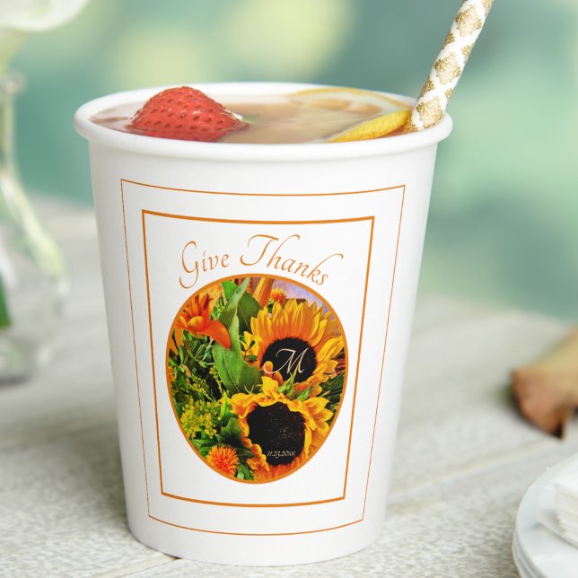 Gobelets En Papier Tournesol Rustique Automne Donner Merci Monogramme (Créateur téléchargé)