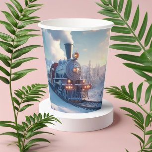 Gobelets En Papier Train à vapeur vintage Hiver Montagnes neigeuses