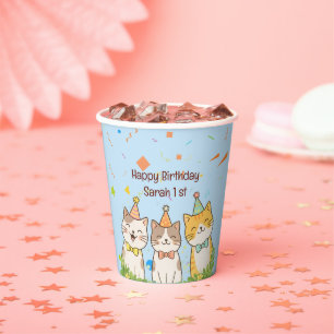 Gobelets En Papier Trio Adorable de Chats d'Anniversaire Nom et Âge