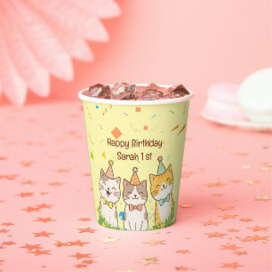 Gobelets En Papier Trio Adorable de Chats d'Anniversaire Nom et Âge