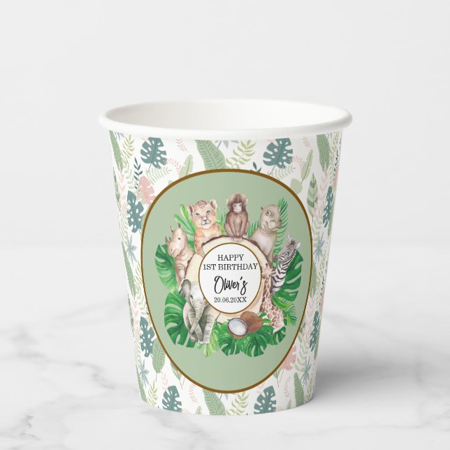 Gobelets En Papier Tropical Jungle Safari Animaux Baby showers Garçon (Verso)