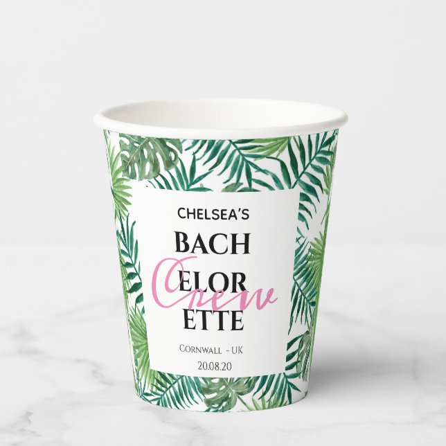 Gobelets En Papier Tropical Summer Leaf Bachelorette Crew Party (Recto)
