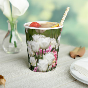 Gobelets En Papier Tulières blanches et roses sur un soleil