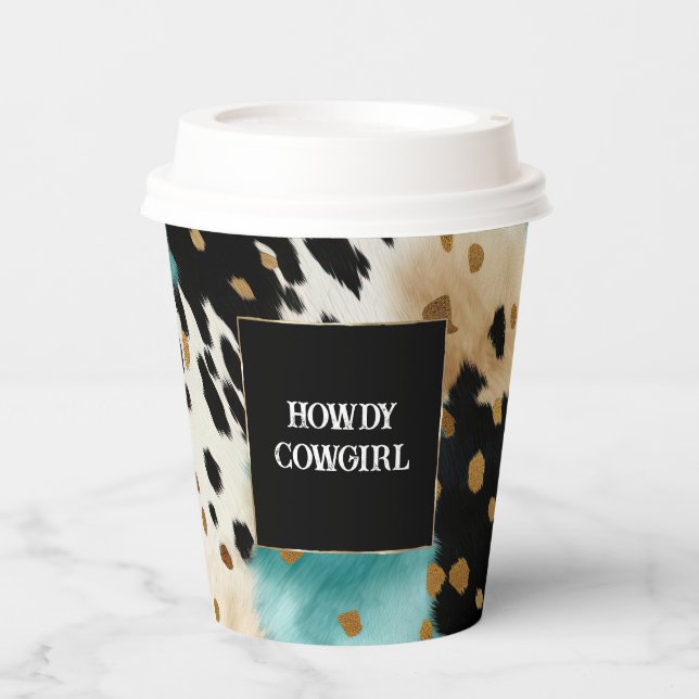 Gobelets En Papier Turquoise Black Cream Gold Western Cowgirl Cowhide (Recto)