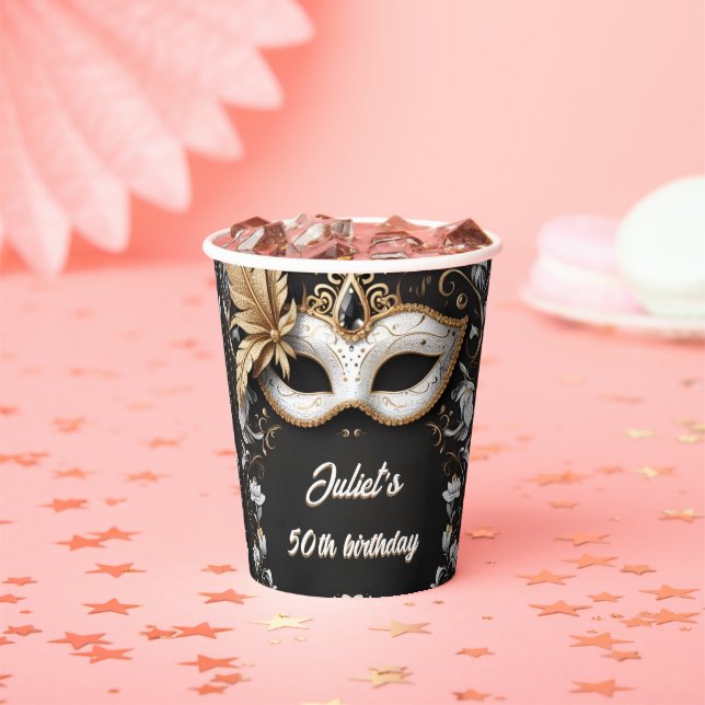 Gobelets En Papier tutu noir or chic Masquerade 50e anniversaire (Insitu)