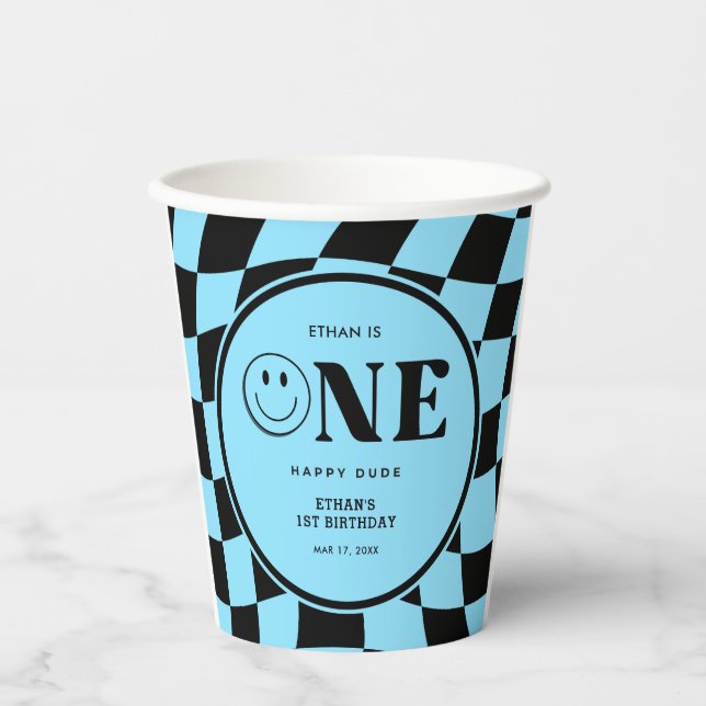 Gobelets En Papier Un joyeux mec Happy Face Blue garçon 1er anniversa (Recto)