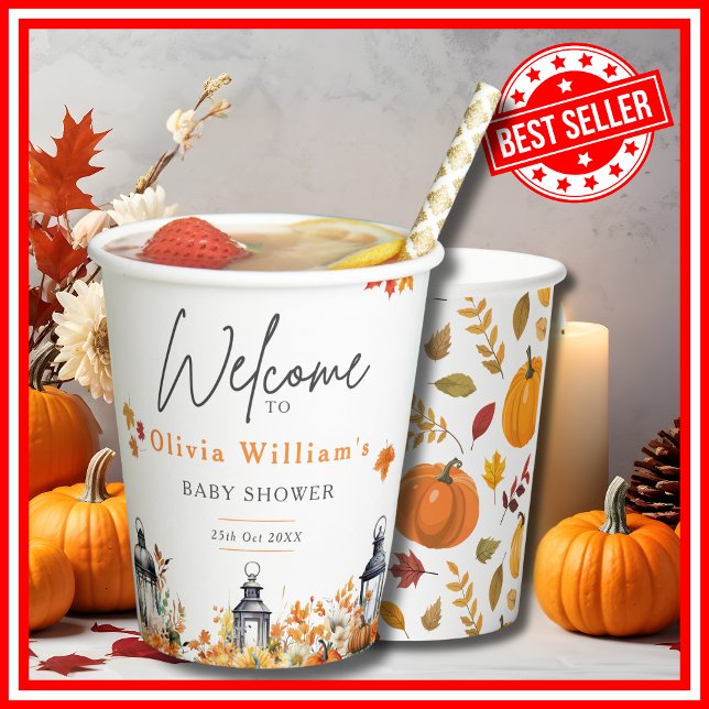 Gobelets En Papier Un Petit Citrouille Automne Baby shower Floral Aut (A Little Pumpkin is on the Way Fall Autumn Floral Baby Shower Paper Cups)