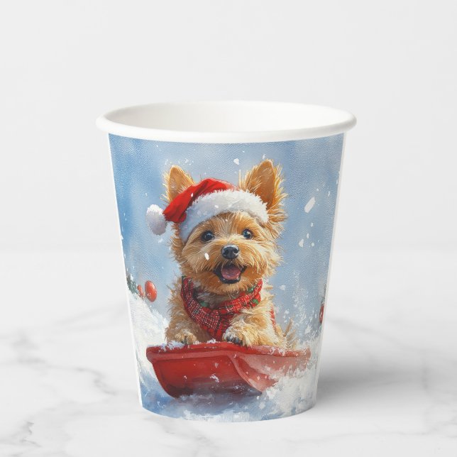 Gobelets En Papier Un Terrier australien à la luge, qu'il neige Noël (Recto)