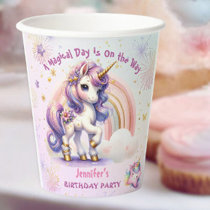 Gobelets En Papier Unicorn Anniversaire Girl Purple Gold Rainbow Papi