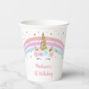 Gobelets En Papier Unicorn Pink Gold Pastel Rainbow Anniversaire