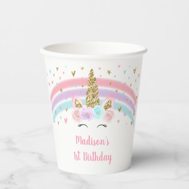 Gobelets En Papier Unicorn Pink Gold Pastel Rainbow Anniversaire (Recto)
