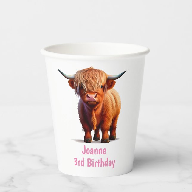 Gobelets En Papier Vache Highland BONJOUR ANNIVERSAIRE Tasses en papi (Recto)