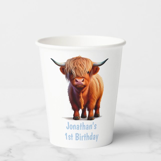 Gobelets En Papier Vache Highland BONJOUR D'ANNIVERSAIRE Bleu (Verso)