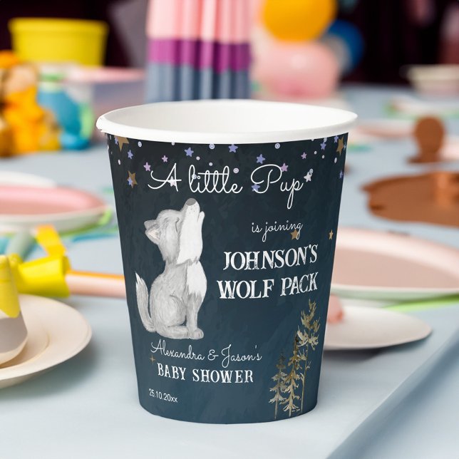 Gobelets En Papier Vaisselle de baby shower à thème pour petits loups (Little wolf themed baby shower tableware personalized paper cups cute howling wolf cub starry night)