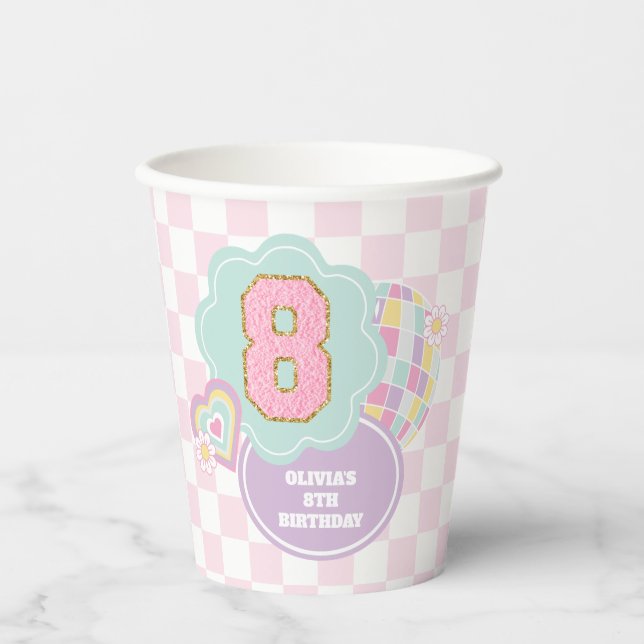 Gobelets En Papier Varsity preppy pastel patch 8e anniversaire (Recto)