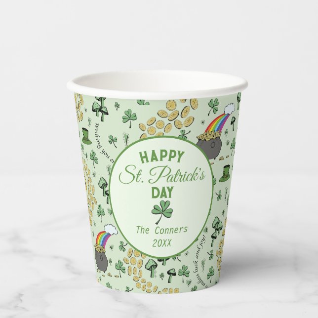 Gobelets En Papier Vert clair Lucky Shamrock Jour de la Saint Patrick (Recto)