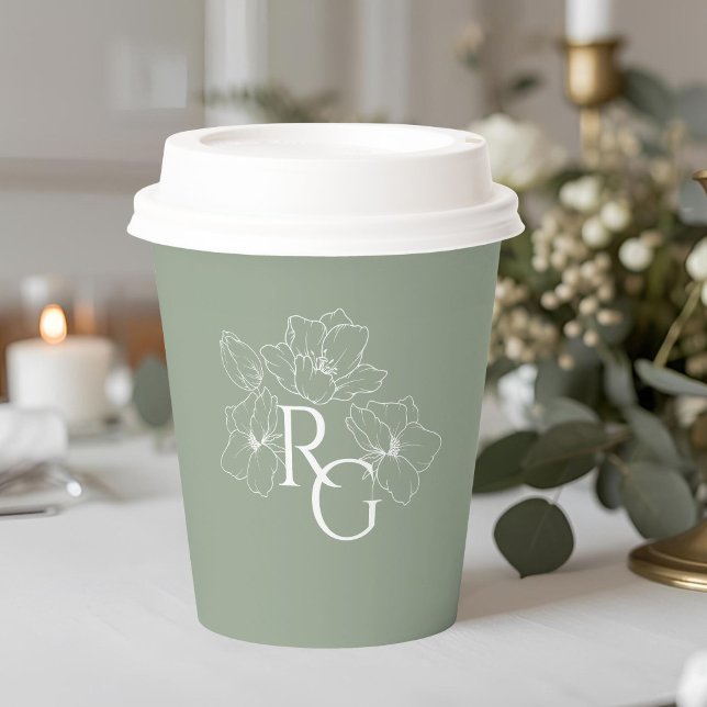 Gobelets En Papier Vert sage | Mariage de monogramme noir chic (Créateur téléchargé)