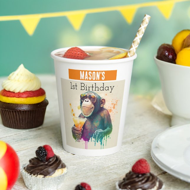 Gobelets En Papier Vibes d'été Singe - 1er anniversaire - (Créateur téléchargé)