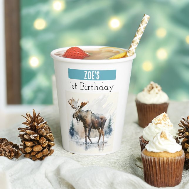 Gobelets En Papier Vibes d'hiver Moose - 1er anniversaire - (Créateur téléchargé)