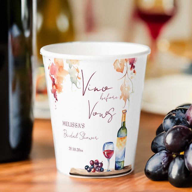 Gobelets En Papier Vino avant voeux vin nuptiale douche imprimé (Vino before vows winery bridal shower monogram personalized printed paper cups bridal shower decor)