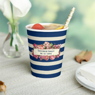 Gobelets En Papier Vintage Nautique Bleu de la Marine Rayures Mariage