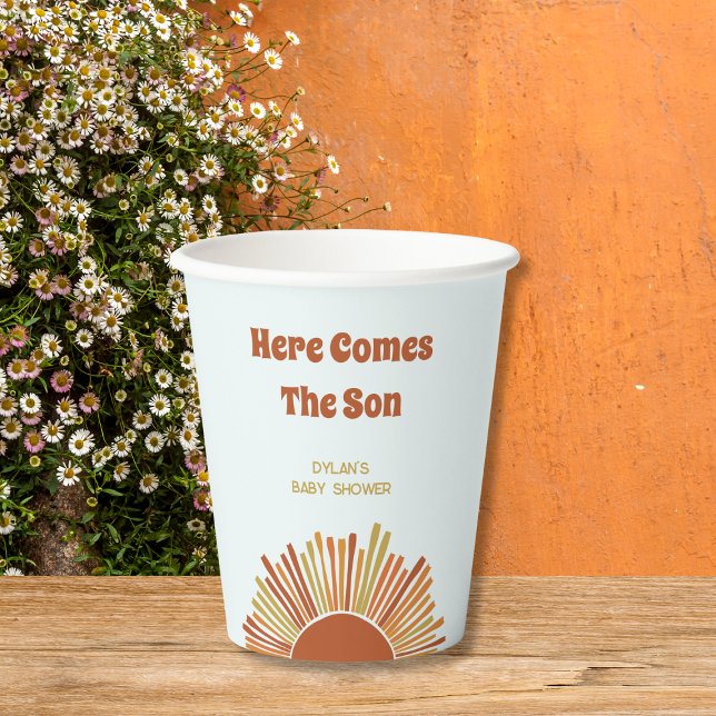 Gobelets En Papier Voici Le Fils Baby shower Boho Sunshine (here comes the sun boho sunshine baby shower retro baby shower burned yellow orange brown)