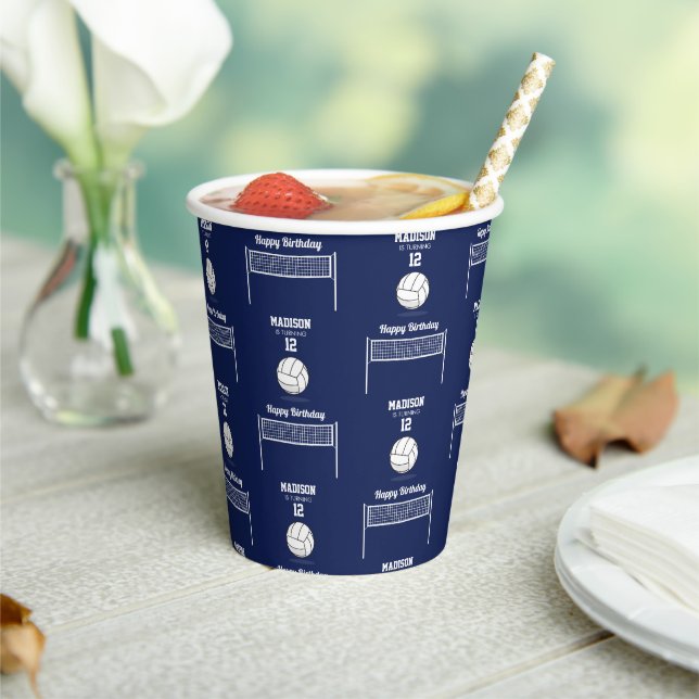 Gobelets En Papier Volleyball Ball & Net Marine Blue Anniversaire Nom (Insitu)