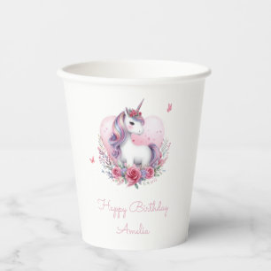 Gobelets En Papier Watercolor Floral Unicorn Magique fête d'anniversa
