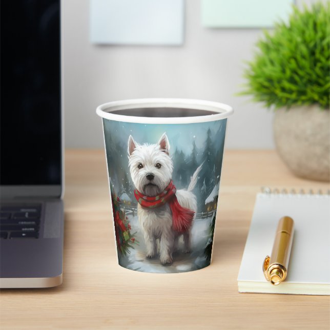 Gobelets En Papier West Highland White Terrier Dog dans la neige Noël (Insitu)