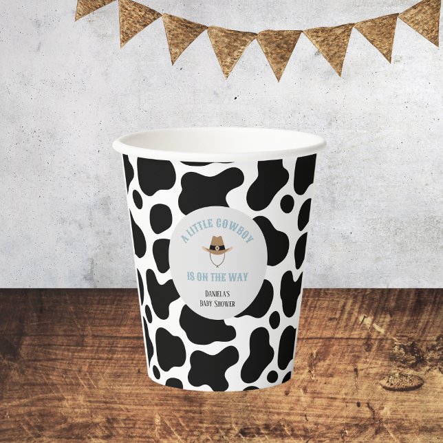 Gobelets En Papier Western Cowboy Rodeo Cow Imprimer Baby shower garç (little cowboy baby shower paper cup cow print western wild west)