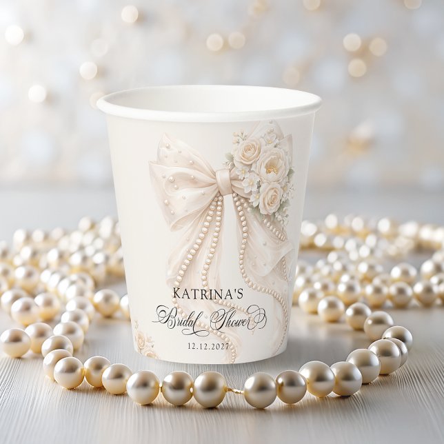 Gobelets En Papier White Bow Floral Bridal Shower (Créateur téléchargé)