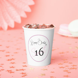 Gobelets En Papier White Sweet 16 Pink & Black Script Paper cup