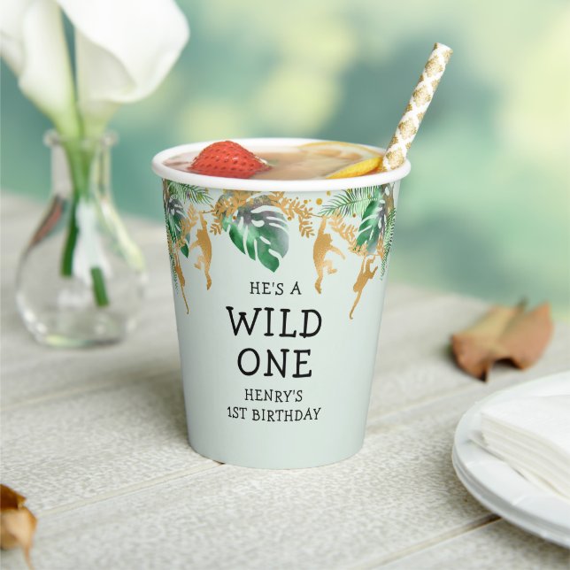 Gobelets En Papier Wild One Safari 1er Anniversaire Pastel Green Gold (Insitu)