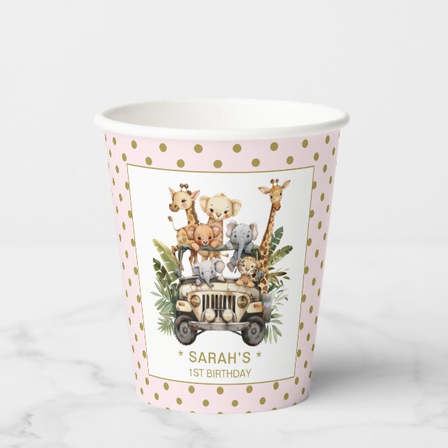 Gobelets En Papier Wild One Safari Jungle 1er Anniversaire rose (Recto)