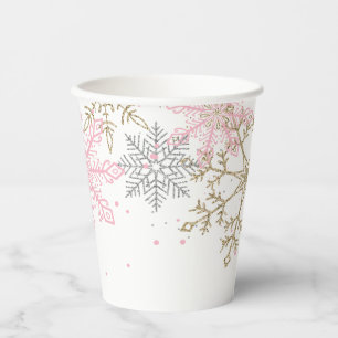 Gobelets En Papier Winter Onederland Pink Gold Snowflakes Anniversair