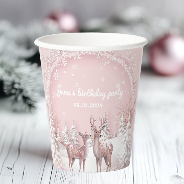 Gobelets En Papier Winter Wonderland Anniversaire | Rose et cerf (Créateur téléchargé)