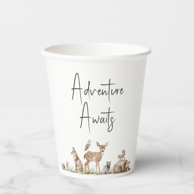 Gobelets En Papier Woodland Animals Adventure Await Baby shower (Recto)
