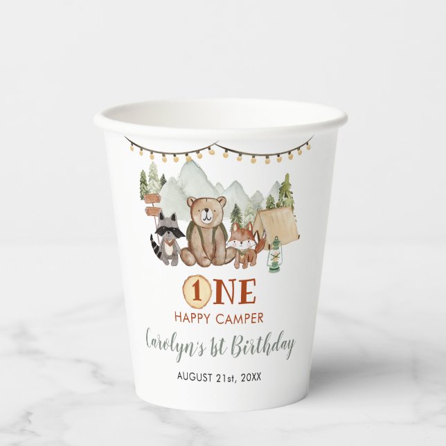Gobelets En Papier Woodland One Happy Camper Premier Anniversaire (Recto)