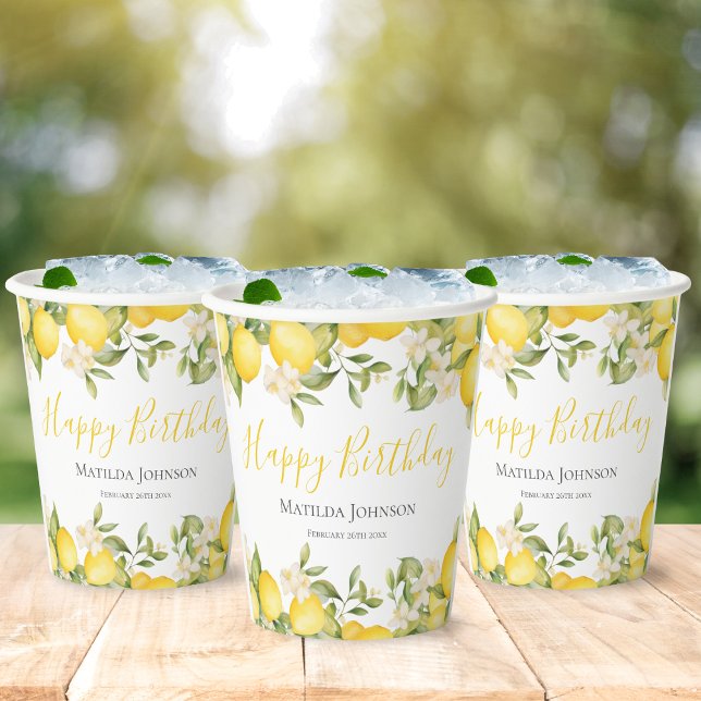 Gobelets En Papier Zesty Lemons Fun Jaune fête d'anniversaire (Mockup View)