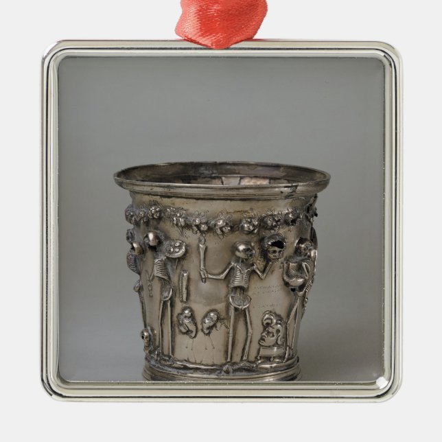Goblet embossed with skeletons holding masks metal ornament (Front)
