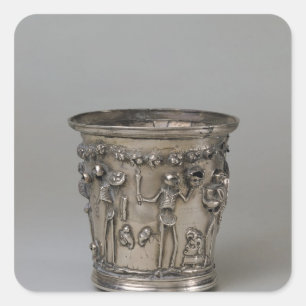 Goblet embossed with skeletons holding masks square sticker